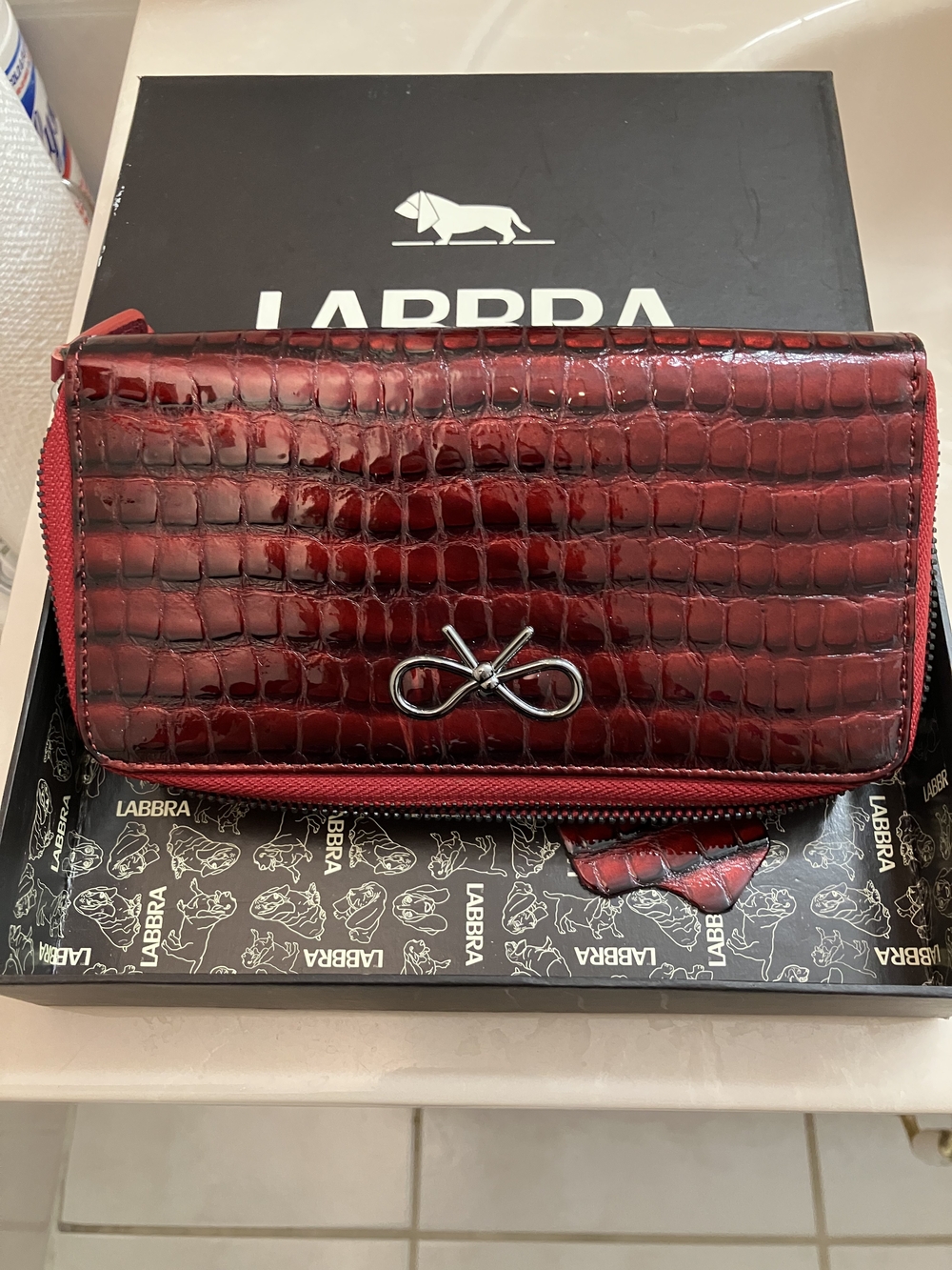 Red LABBRA Croc-Embossed Genuine Leather Zip Wallet